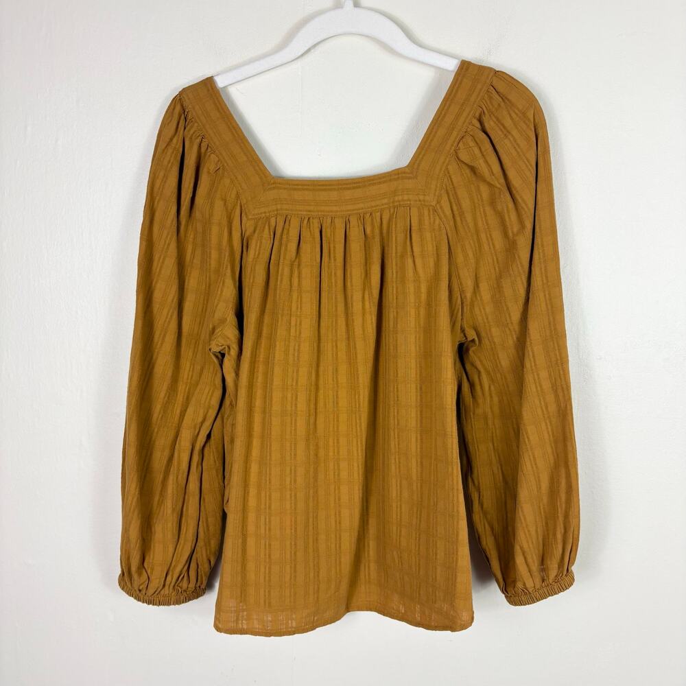 Madewell Lightweight Cotton Square Neck Bubble Sleeve Top in Antique Gold Plaid - Picture 8 of 10